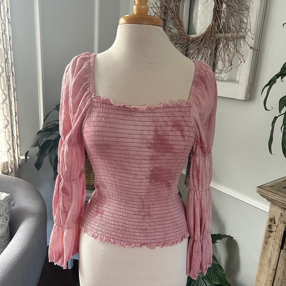 Feminine Tie-Dye Peasant Style Smocked Top